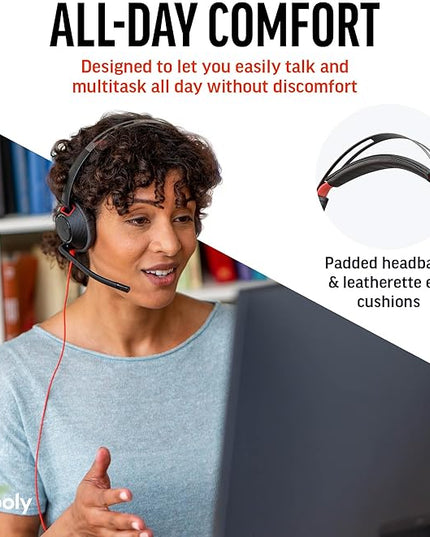 Poly Blackwire 5220 Wired Headset - Flexible Boom Mic - Noise Cancelling Headphones with Mic - USB-C, USB-A, 3.5mm - Ergonomic Over-Ear Design - Works with Microsoft Teams, Zoom - Work from Home