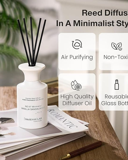 M&SENSE Reed Diffuser Set, 10.14 fl oz Large Reed Diffuser, Vanilla Sandalwood Scented with Natural Essential Oils, Long Lasting with 7 Sticks, Non-Toxic Home Fragrance Reed Diffuser for Bedroom