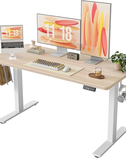 TIQLAB 55 * 24 Inches Electric Standing Desk, Adjustable Height Stand up Desk, Sit Stand Home Office Table with Splice Board, Light Walnut