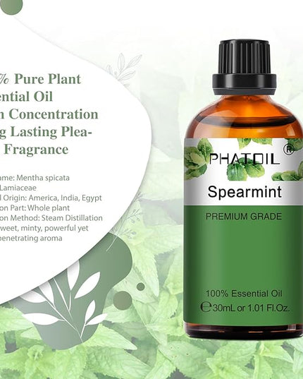 Spearmint 1.01fl.oz Essential Oil, PHATOIL Pure Aromatherapy Oils for Diffuser, Humidifier, Perfect for DIY Soap, Candle, Bath Bombs Making(30ml)