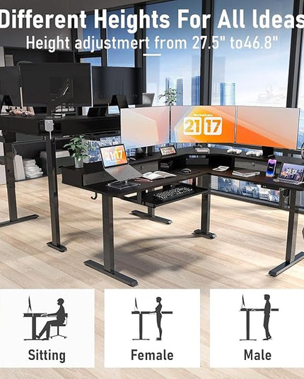 L Shaped Standing Desk with USB Charging Port & 4 Drawers,63 x 55 inch Electric Adjustable Height Corner Stand Up Desk with Keyboard Tray & Storage,Sit Stand Computer L Table for Gaming Office