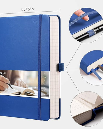 EMSHOI Lined Journal - 120gsm Thick Paper College Ruled Notebook with Sticky Notes, 256 Numbered Pages, A5 Hardcover Leather for Women & Men Work, School, Writing - (5.75”x8.38”) Blue