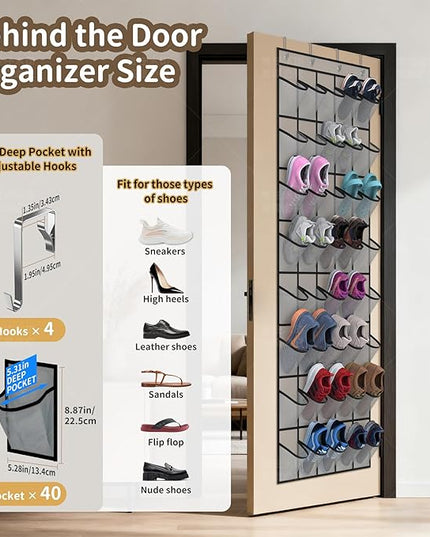 Over the Door Shoe Organizer with 40 Large Pockets, Multi-Purpose Storage for Shoe and Accessories, Durable Fabric with Adjustable Hooks for Home Closet Bedroom Entryway-Grey