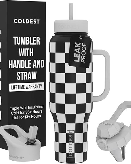 Coldest Tumbler with Handle and Straw, 100% Spill Proof Tumbler with Straw (3 Lids), Stainless Steel Insulated Leakproof Tumblers for Women Men, Cup Holder Friendly, 46 oz Black & White Checkers