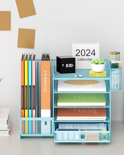 Marbrasse Desk Organizer with File Holder, 5-Tier Paper Letter Tray Organizer with Drawer and 2 Pen Holder, Mesh Desktop Organizer and Storage with Magazine Holder for Office Supplies(Blue)