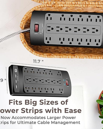 Cable Management Box, Handmade Rattan Cable Organizer, 2 Open Slots Cords Hider Box, Under Desk Cord Organizer for Computer Router USB Hub & Power Strip, Patent Pending, 15.9" x 6.5" x 6.5", Natural