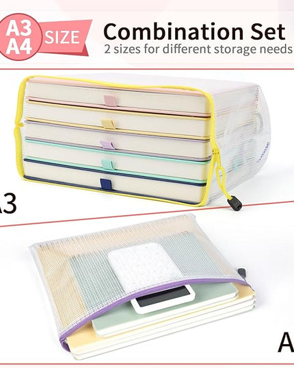 Umriox Mesh Zipper Pouch Bags, A3+A4 (12 Colors, 24 Packs), Large Storage Bags, Zipper Bags for Office Supplies Travel Accessories and Board Games Storage