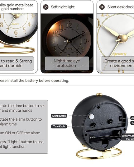 rjuwurv Metal Desk Alarm Clock, Retro Bedroom Table Vintage Analog Silent Non-Ticking Gold Alarm Clock, Bedside Decor(Black)