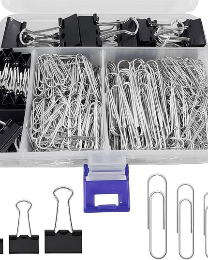Binder and Paper Clips Set, 340 pcs Assorted Sizes in Container With Compartments - Silver Paper and Black Binder Clips for Home, School, Office Supplies