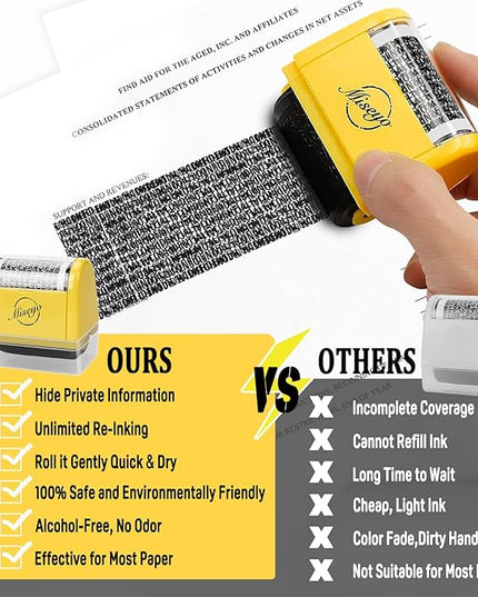 Miseyo Wide Identity Theft Protection Roller Stamp Set - Yellow (3 Refill Ink Included)