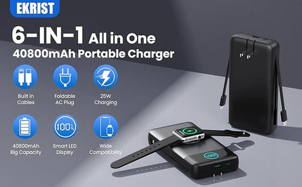 Portable Charger for iPhone with Built-in Cables and AC Wall Plug,Upgraded 40800mah Fast Charging USB C Power Bank,25W PD Travel Essentials Battery Pack for iPhone 17/16/15/14/13,Galaxy,Apple Watch