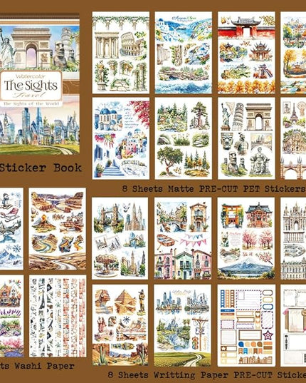 Dwpetzo Travel Scenery Scrapbook Stickers for Scrapbooking, Precut Landmark PET Washi Sticker Book for Journaling, Junk Journals Supplies, Planner, Crafts Arts, A5, 20 Sheets