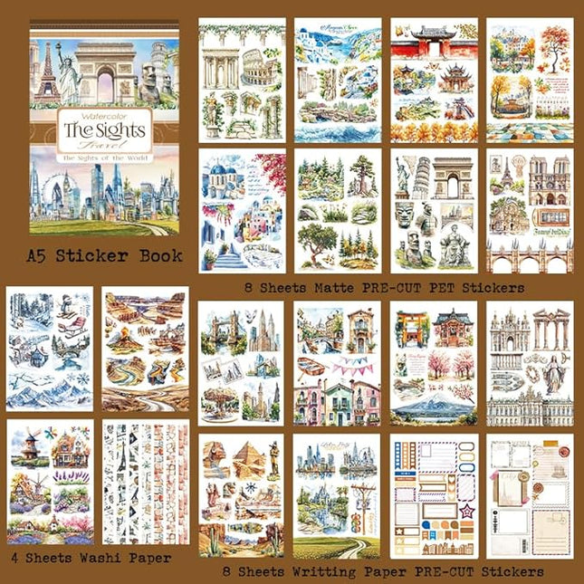 Dwpetzo Travel Scenery Scrapbook Stickers for Scrapbooking, Precut Landmark PET Washi Sticker Book for Journaling, Junk Journals Supplies, Planner, Crafts Arts, A5, 20 Sheets
