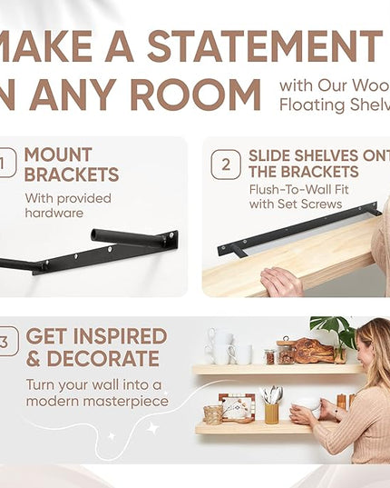 Homeforia 36 inch Wood Floating Shelves, High End Solid Natural Wood 36inch Large Floating Shelf Bathroom, Unfinished Wooden Floating Shelves for Wall, Heavy Duty Bracket, 36 X 6.5 X 1.75 in, Set of 2