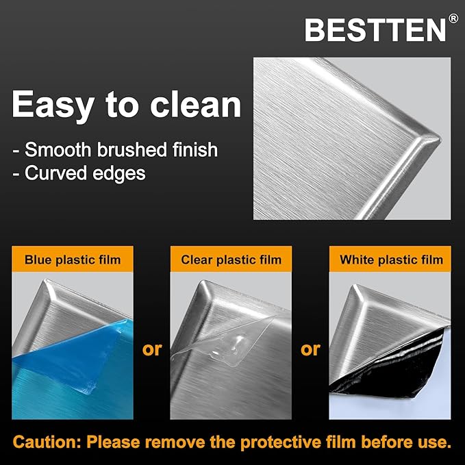 [5 Pack] BESTTEN 2 Gang Decor Metal Wall Plate with Plastic Film, Decorator Stainless Steel Outlet Cover, Durable Corrosion Resistant Industrial Grade Material, H4.53” x W4.57”, Brushed Finish, Silver