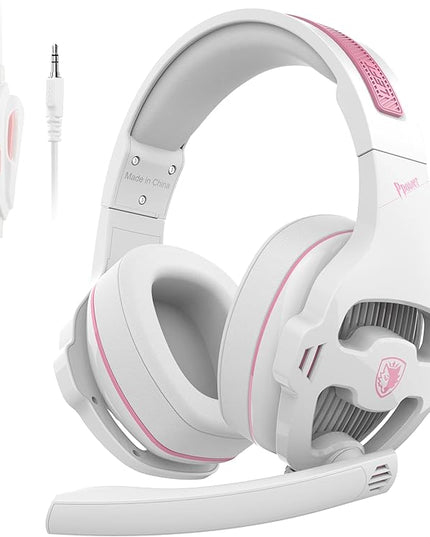 Globalsades SA726 Stereo Gaming Headset for Xbox One PS4 PS5 Controller, Over Ear Headphone with Mic Noise Cancelling Headset for PC Xbox Series (White Pink)