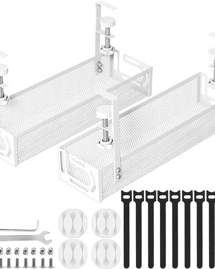 Cable Management, 2 Pack Cable Management Under Desk No Drill, Metal Cord Organizer with Clamp for Standing Desk, Cable Organizer for Home Office, White
