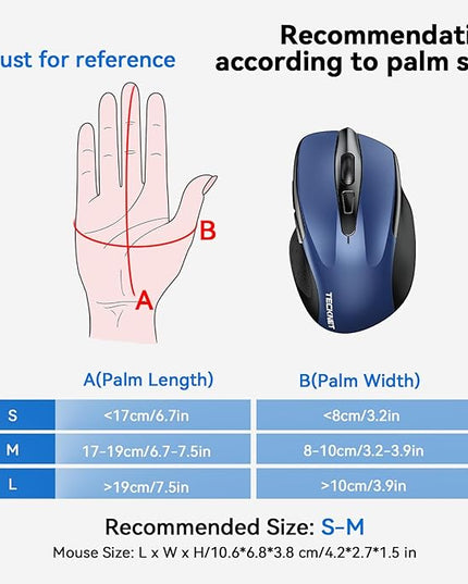 TECKNET Wireless Mouse (BT5.0/3.0 & 2.4G) Rechargeable 4800 DPI Silent USB A & Bluetooth Mouse 6 Buttons, Wide Compatibility - Blue