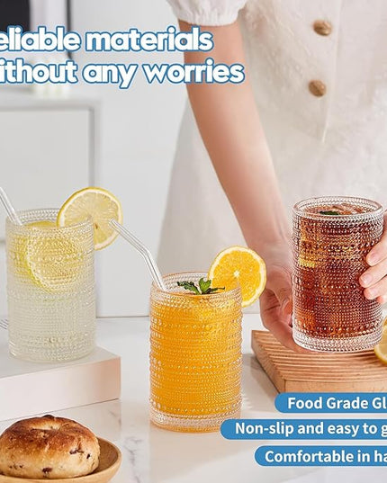 Vintage Hobnail Drinking Glasses Set of 12, 15oz Textured Tumblers - Embossed Clear Bar Glasses for Cocktails, Beer, Whiskey, Dishwasher-Safe Highball Cups for Kitchen, Juice & Mixed Drinks