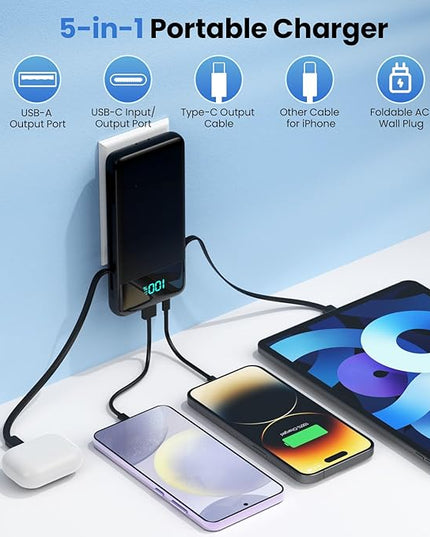 Portable Charger for iPhone with Built-in Cables and Wall Plug,Upgraded 13800mAh Fast Charging USB C Power Bank,4 Outputs Slim Travel Essential Battery Pack for iPhone 17/16/15/14/13,Galaxy,Android