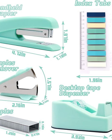 Green Office Supplies,UPIHO Teal Desk Accessories,Stapler and Tape Dispenser Set for Women with Stapler,Tape Dispenser,Staple Remover, Staples, Clips, Scissor and Tabs for Students, Office Clerks