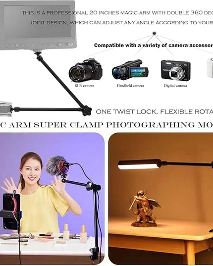 20" Magic Arm Clamp Kit with 1/4" & 3/8" Thread Clamp,Adjustable Friction arm- Articulating arm,with/Phone Clip/Tripod Mount Adapter,for Action Camera/DSLR/LCD Monitor/LED Lights/Cell Phone