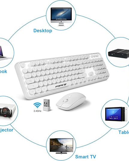 FOPETT Wireless Keyboard and Mouse Combo - 2.4G Full-Sized White Keyboard with Round Keycaps 104 Keys Typewriter Keyboard for Laptop/Windows/PC - White