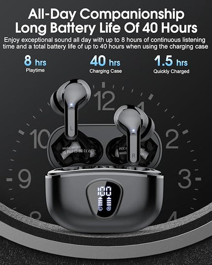 Wireless Earbuds, Bluetooth 5.4 Headphones HiFi Stereo, Bluetooth Earbuds with ENC Noise Cancelling Mic, IP7 Waterproof in Ear Earphones, 48H, LED Display Ear buds for Pad Workout Sports, Black