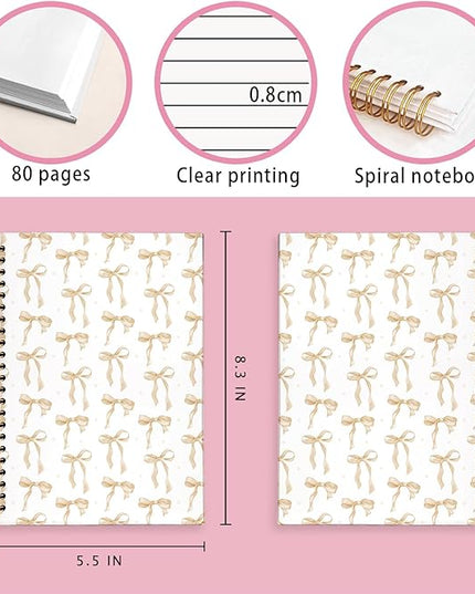 Coquette Beige Bow Notebook Journal, Preppy Aesthetic Journal, Preppy Gifts for Women, Beige Office Supplies, Hardcover Spiral Notebook 80 Sheets -160 Pages 5.5x8.3 Inch