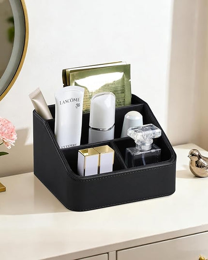 MEIBOOCH Remote Control Holder, PU Leather Small Desk Organizer with 4 Compartments, Nightstand Organizer Desk Caddy for Remote, Notepad, Phone, Glasses, and Accessories (Black)