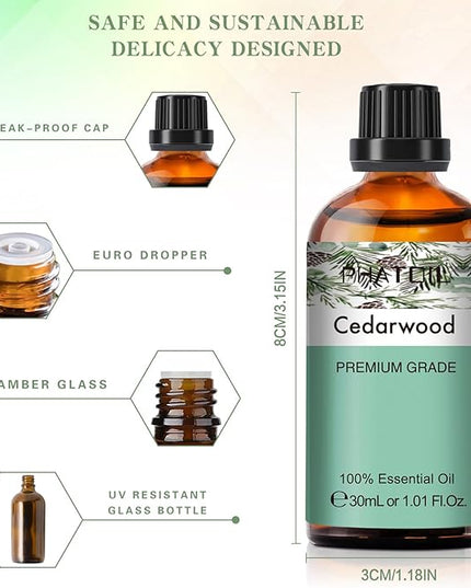 Cedarwood Essential Oil, 1.01Fl.Oz (30ML) PHATOIL Pure Essential Oil Singles for Aromatherapy Diffusers, Humidifiers, Great for DIY Candle and Soap Making, Gift for Friend