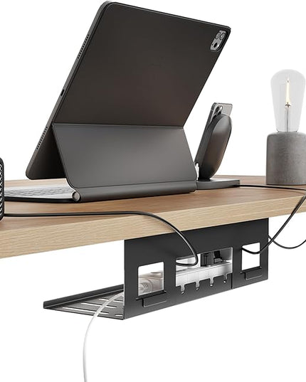 Under Desk Cable Management Tray, 15.7 Inches Metal Cord Organizer Rack, Desk Tray for Power Strip, Cord, Wire, Easy Mounting Cable Management Under Table for Home Office, Black