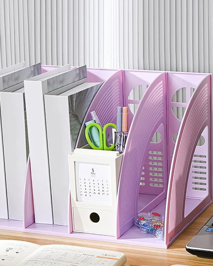 SAYEEC Sturdy Magazine Holder 4 Compartments Plastic Desktop File Organizer File Dividers Office Organizer Storage Document Magaizne Rack Display Box (Purple)
