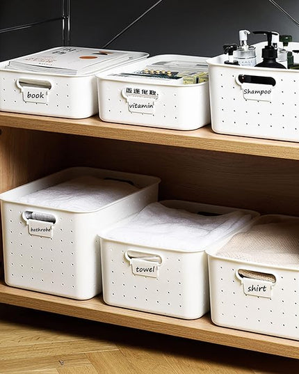 vacane 3 Pack Decorative Storage Bins with Lids, White Plastic Storage Basket for Organizing Stackable Storage Box with Handle on Closets,Classrooms,Offices