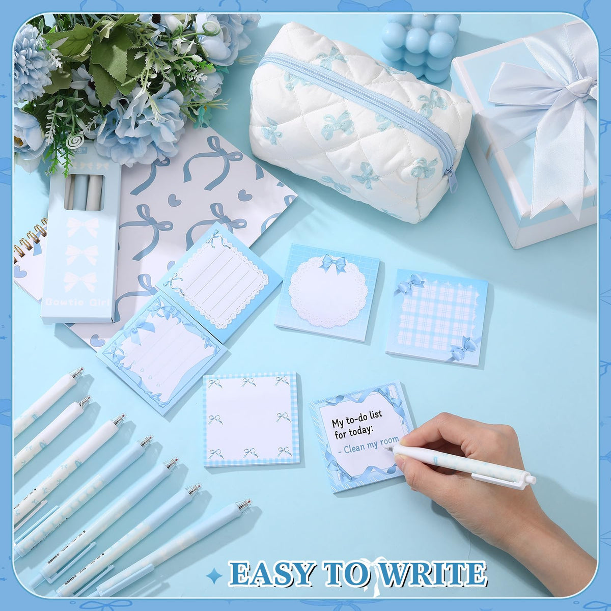 Poola Voidra 20 Pcs Blue Bow Stationery Set, Cute Bow Pen Case, A5 Notebook, 12 Ballpoint Pens, 6 Sticky Notes, Kawaii School Supplies Kit for College Office Back to School Party Favors Birthday Gifts