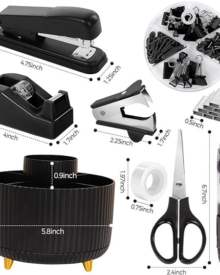 SKYDUE Black Office Supplies, Black Office Desk Accessories 10PCS, Pencil Holder for Desk, Stapler, Tape Dispenser, Scissors, Ruler, Clips and 1000pcs Staples, Desk Supplies Set