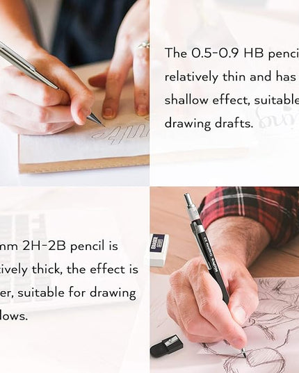Nicpro 30PCS Art Mechanical Pencil Set in Leather Case, Metal Drafting Pencil 0.5 mm, 0.7 mm, 0.9 mm & 3 PCS 2mm Lead Holders for Sketching Drawing With 16 Tube (6B 4B 2B HB 2H 4H Colors) Lead Refills