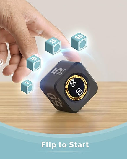 KADAMS Pomodoro Cube Timer Productivity Visual Timer - 5/10/25/50 Min Rotating Countdown, Customize Countup Silent Mode- for Work Study Cook Workout Kitchen Back to School Classroom (Black 2 Pack)