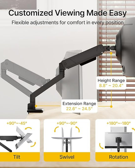 monTEK Single Monitor Arm with USB for Max 45 Inch Ultrawide Screens Adjustable Monitor Desk Mount Holds 35 Lbs Cable Management with C Clamp/Grommet Desk Mount, VESA 75/100mm, MA1007UCBK