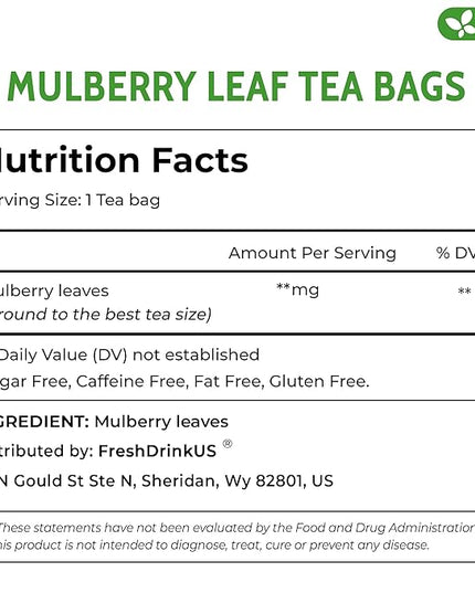 FreshDrinkUS, Premium 75 Mulberry Leaf Tea Bags, 100% Natural & Pure from Mulberry Leaves. Loose Leaf Herbal Tea. Made with Natural Material Tea Bags. No Sugar, No Caffeine, No Gluten, Vegan.