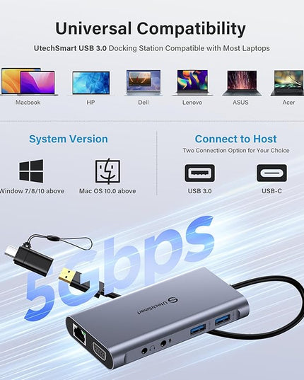 UtechSmart USB Docking Station, 11 IN 1 USB C Dock Triple Display, USB 3.0 Laptop Docking Station with Dual HDMI, VGA, PD, Ethernet, SD/TF, USB 3.0, Mic/Audio, Compatible for MacBook M1 Dell HP Lenovo