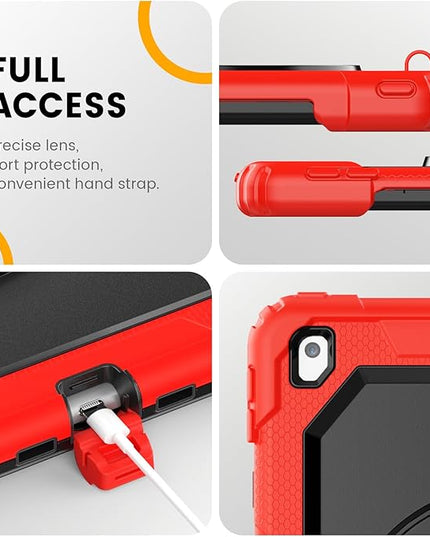 Timecity Case for iPad 9th/ 8th/ 7th Generation 10.2 inch - Heavy Duty Protective Cover with Screen Protector, Rotating Stand, Shoulder Strap & Pencil Holder | Kids-Friendly (Red)