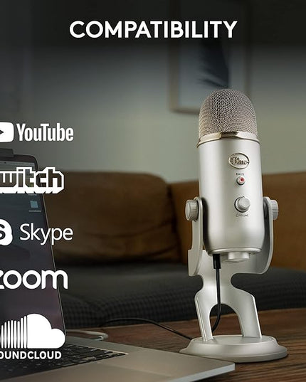 Logitech Creators Blue Yeti USB Microphone for Gaming, Streaming, Podcast, YouTube, Discord, PC, Studio Sound, Plug & Play-Silver