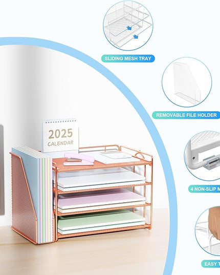 Spacrea Desk Organizers and Accessories, Paper Organizer for Desk with File organizer, Desk Accessories & Workspace Organizers for Office Supplies (Rose Gold)
