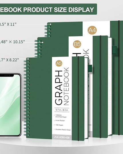 AHGXG Graph Paper Notebook - Spiral Notebook 8.5" x 11", A4 Large Graph Notebook, 100 gsm Thick Grid Paper, Waterproof Plastic Cover Journals for School Writing Engineering Math, Green