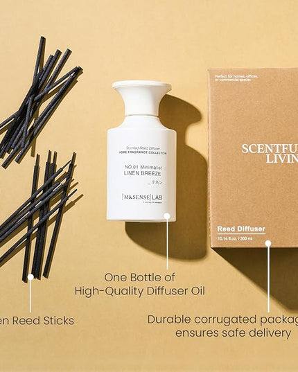 M&SENSE Reed Diffuser Set, 10.14 fl oz Large Reed Diffuser, Linen Breeze Scented with Natural Essential Oils, Long Lasting with 7 Sticks, Non-Toxic Home Fragrance Reed Diffuser for Bedroom, Bathroom