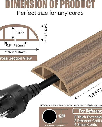 Floor Cord Cover Cavity 0.8"x0.37" Self Adhesive Cord Hider, 3.3FT Low Profile Cable Management, Extension Strip Protector for Wires, Prevent Cable Trips for Offices, Gyms,(Wood Smoked Brown)