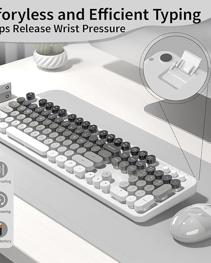 Creamy Wireless Keyboard and Mouse, MOFII 104 Round Keycaps Retro Typewriter with OTG & Brush, Full-Size Ergonomic, Ideal for Windows PC, Home, Office and College Gray White