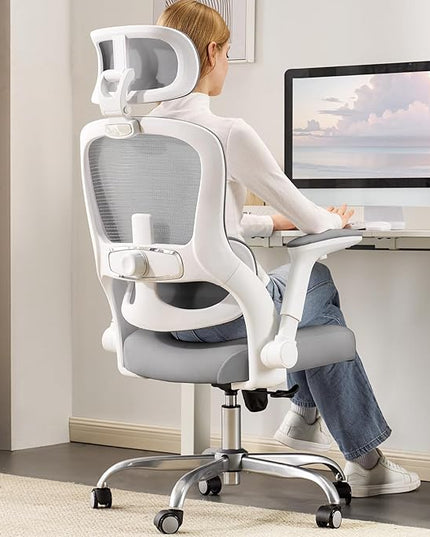 Ergonomic Office Chair - Computer Desk Chairs Comfy, Mesh High-Back Gaming Chair with Adjustable Lumbar Support, Executive Task Chair for Adults, Comfortable for Long Hours (White Grey)