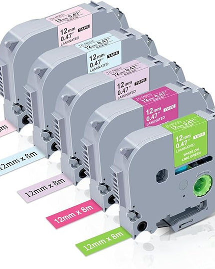 5P Compatible with Brother P Touch Label Tape TZe-MQP35 G35 F31 E31 MQ531 TZ Tape 12mm 0.47 Laminate(White Berry Pink/Lime Green,Pastel Pink/Purple/Blue) for Brother PTD210 PTD400 PTP300BT